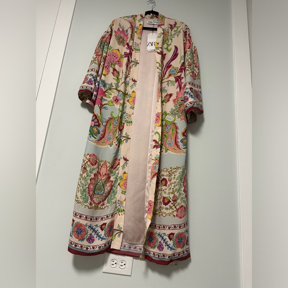 NWT ZARA Floral Printed Long Kimono Belted Beach Boho Style Pink Size XS - Picture 8 of 16